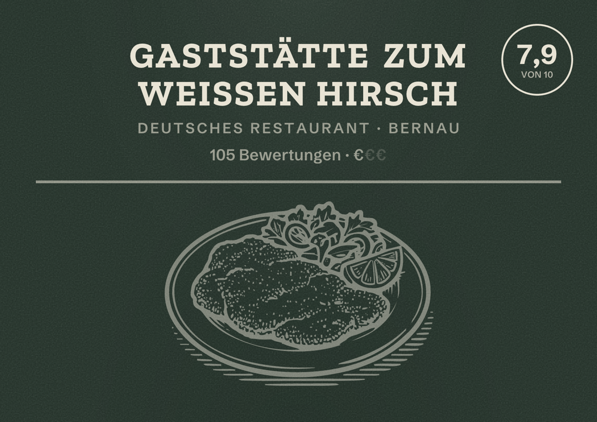 Illustriertes Poster von Gaststätte Zum Weißen Hirsch, Deutsches Restaurant in Bernau: Bewertung 7,9 von 10 aus 105 Bewertungen, Preisniveau €