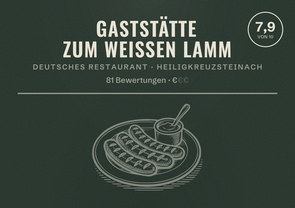 Illustriertes Poster von Gaststätte Zum weissen Lamm, Deutsches Restaurant in Heiligkreuzsteinach: Bewertung 7,9 von 10 aus 81 Bewertungen, Preisniveau €
