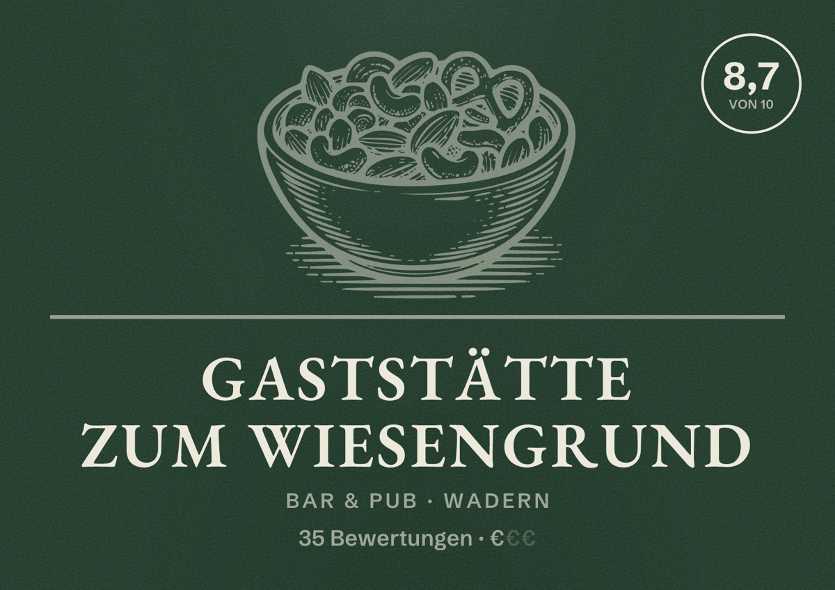Illustriertes Poster von Gaststätte Zum Wiesengrund, Bar & Pub in Wadern: Bewertung 8,7 von 10 aus 35 Bewertungen, Preisniveau €