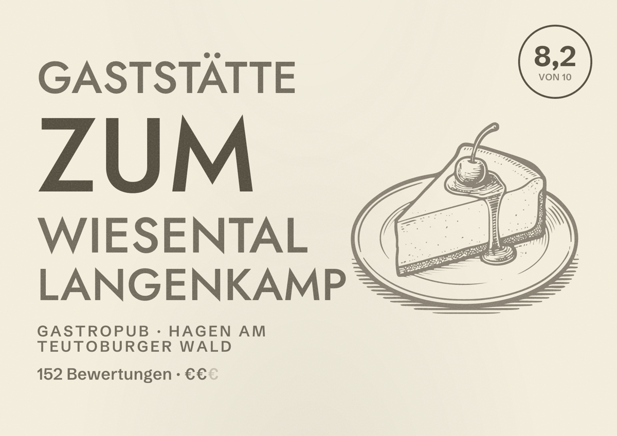 Illustriertes Poster von Gaststätte Zum Wiesental Langenkamp, Gastropub in Hagen am Teutoburger Wald: Bewertung 8,2 von 10 aus 152 Bewertungen, Preisniveau €€