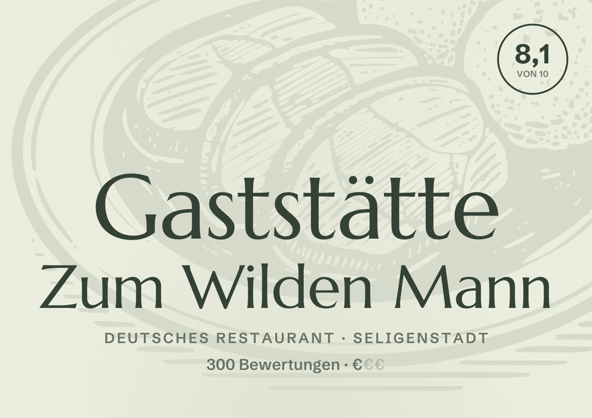 Illustriertes Poster von Gaststätte Zum Wilden Mann, Deutsches Restaurant in Seligenstadt: Bewertung 8,1 von 10 aus 300 Bewertungen, Preisniveau €