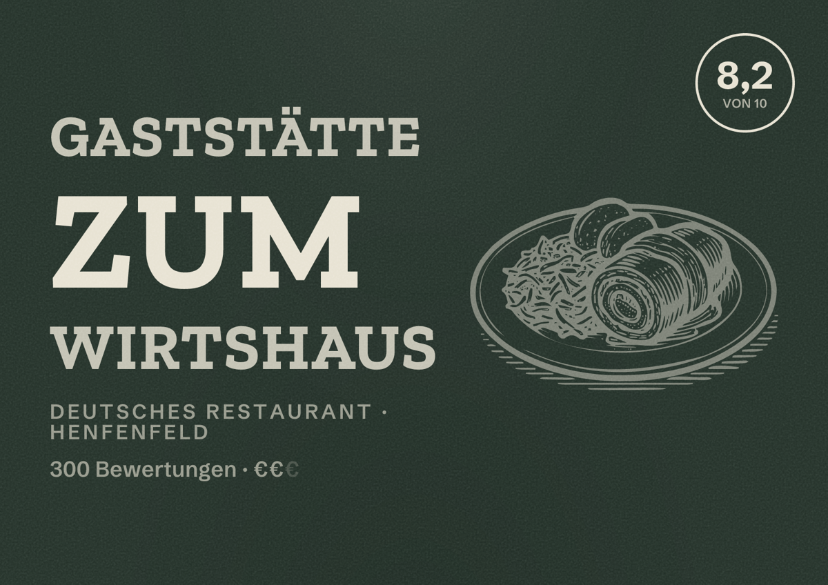 Illustriertes Poster von Gaststätte Zum Wirtshaus, Deutsches Restaurant in Henfenfeld: Bewertung 8,2 von 10 aus 300 Bewertungen, Preisniveau €€