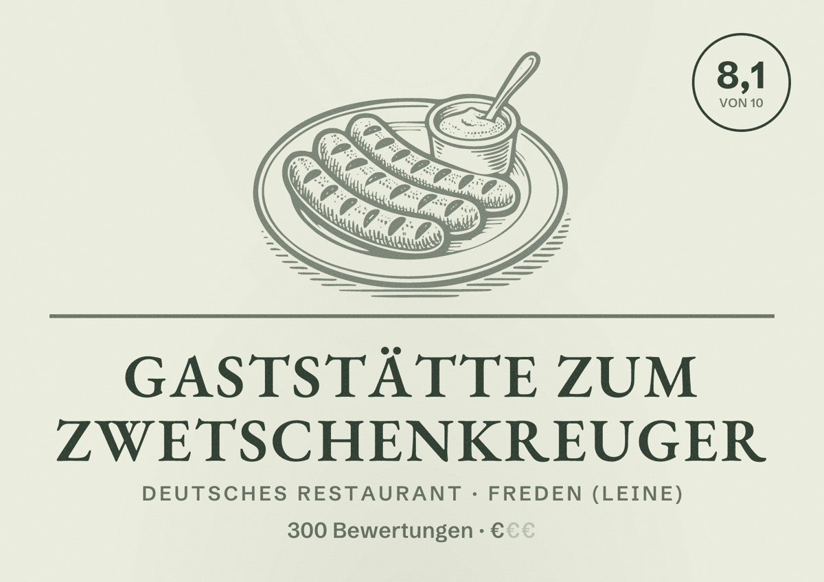 Illustriertes Poster von Gaststätte Zum Zwetschenkreuger, Deutsches Restaurant in Freden (Leine): Bewertung 8,1 von 10 aus 300 Bewertungen, Preisniveau €
