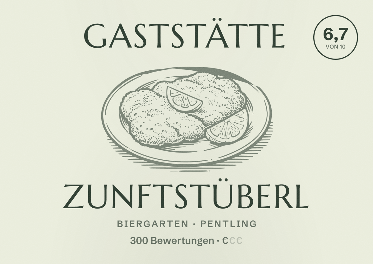 Illustriertes Poster von Gaststätte Zunftstüberl, Biergarten in Pentling: Bewertung 6,7 von 10 aus 300 Bewertungen, Preisniveau €