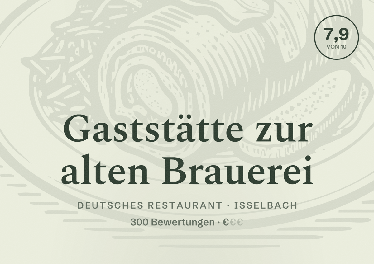 Illustriertes Poster von Gaststätte zur alten Brauerei, Deutsches Restaurant in Isselbach: Bewertung 7,9 von 10 aus 300 Bewertungen, Preisniveau €