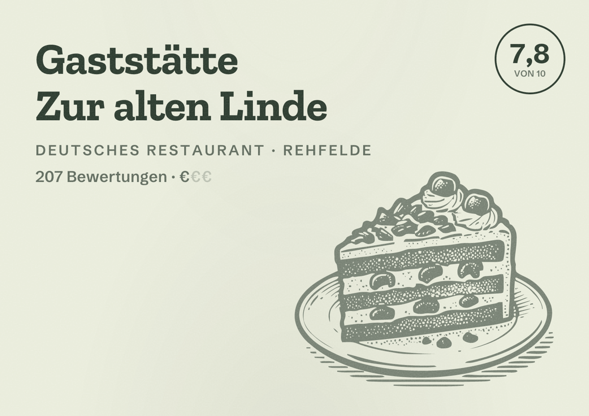 Illustriertes Poster von Gaststätte Zur alten Linde, Deutsches Restaurant in Rehfelde: Bewertung 7,8 von 10 aus 207 Bewertungen, Preisniveau €