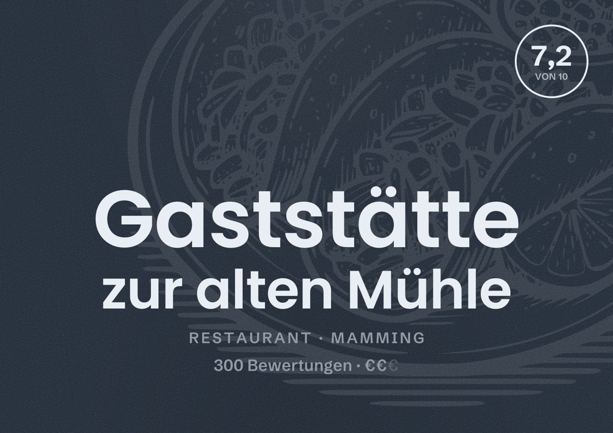 Illustriertes Poster von Gaststätte zur alten Mühle, Restaurant in Mamming: Bewertung 7,2 von 10 aus 300 Bewertungen, Preisniveau €€