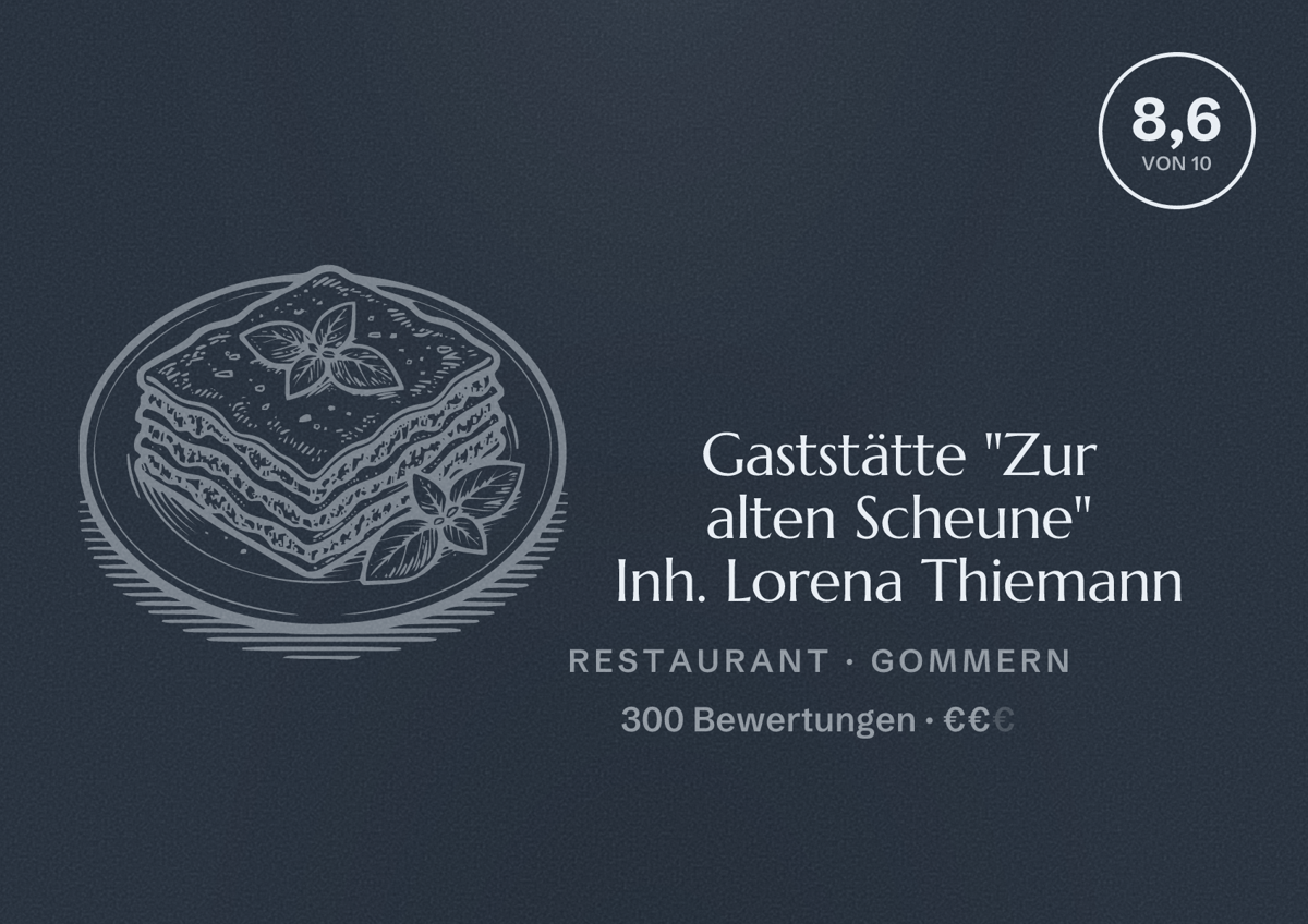 Illustriertes Poster von Gaststätte "Zur alten Scheune" Inh. Lorena Thiemann, Restaurant in Gommern: Bewertung 8,6 von 10 aus 300 Bewertungen, Preisniveau €€