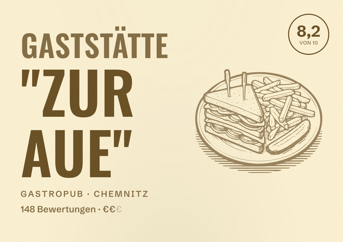 Illustriertes Poster von Gaststätte "Zur Aue", Gastropub in Chemnitz: Bewertung 8,2 von 10 aus 148 Bewertungen, Preisniveau €€