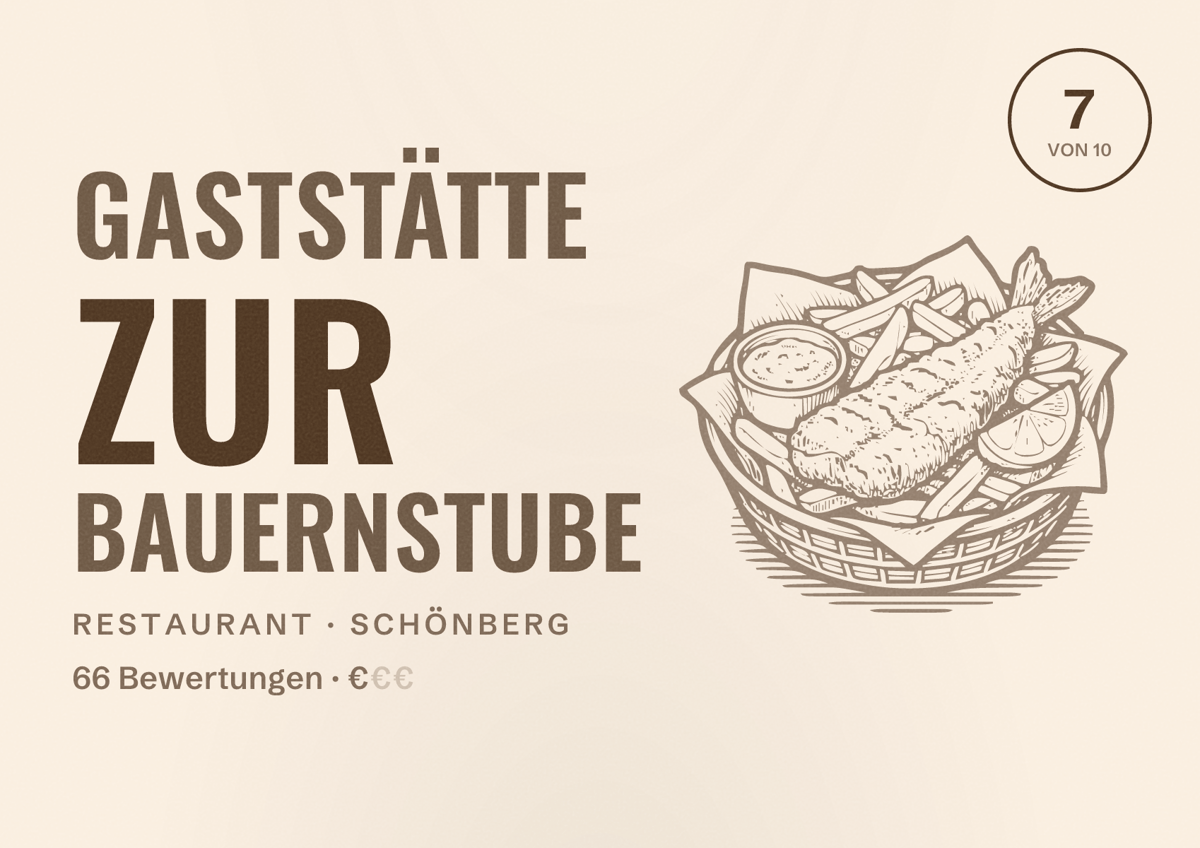 Illustriertes Poster von Gaststätte Zur Bauernstube, Restaurant in Schönberg: Bewertung 7 von 10 aus 66 Bewertungen, Preisniveau €
