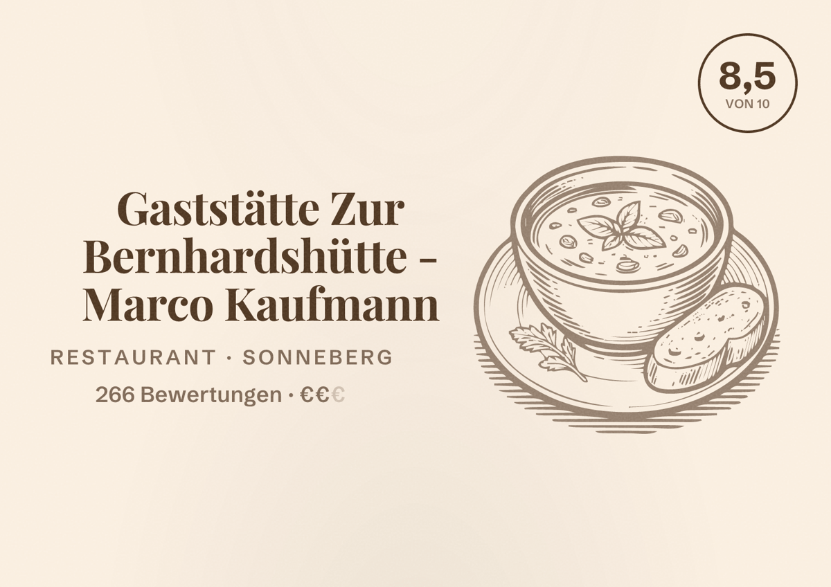 Illustriertes Poster von Gaststätte Zur Bernhardshütte - Marco Kaufmann, Restaurant in Sonneberg: Bewertung 8,5 von 10 aus 266 Bewertungen, Preisniveau €€