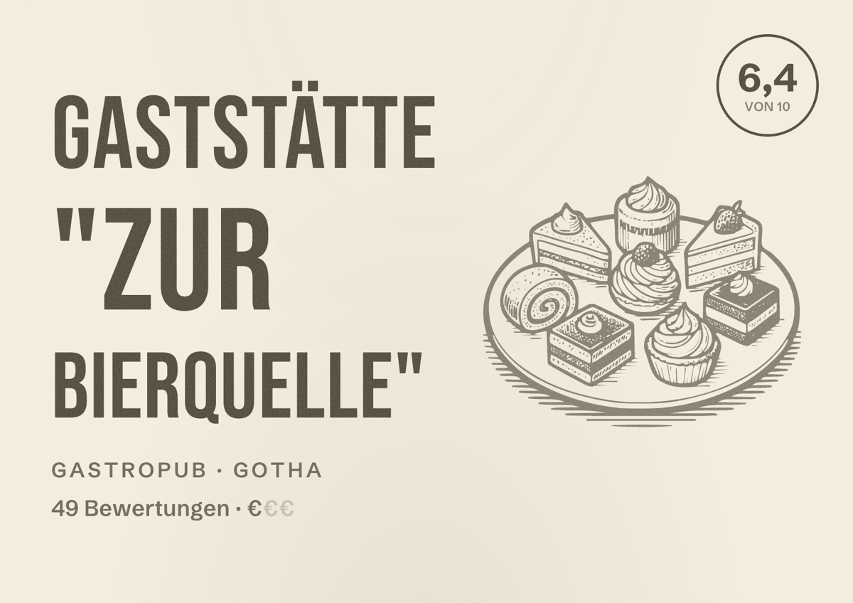 Illustriertes Poster von Gaststätte "zur Bierquelle", Gastropub in Gotha: Bewertung 6,4 von 10 aus 49 Bewertungen, Preisniveau €