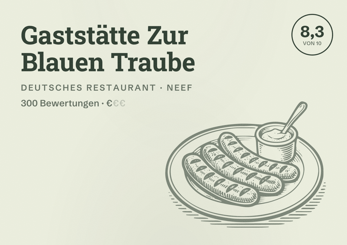Illustriertes Poster von Gaststätte Zur Blauen Traube, Deutsches Restaurant in Neef: Bewertung 8,3 von 10 aus 300 Bewertungen, Preisniveau €