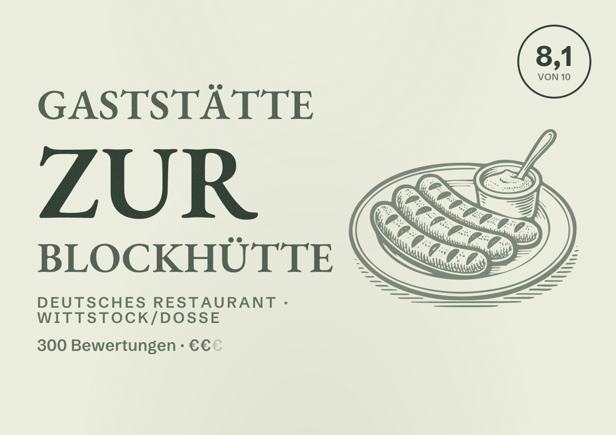 Illustriertes Poster von Gaststätte Zur Blockhütte, Deutsches Restaurant in Wittstock/Dosse: Bewertung 8,1 von 10 aus 300 Bewertungen, Preisniveau €€
