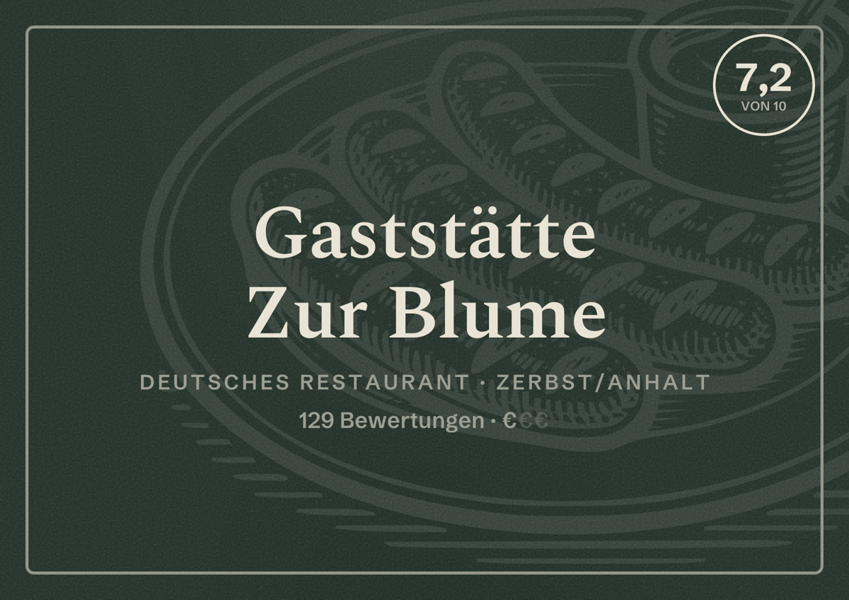 Illustriertes Poster von Gaststätte Zur Blume, Deutsches Restaurant in Zerbst/Anhalt: Bewertung 7,2 von 10 aus 129 Bewertungen, Preisniveau €