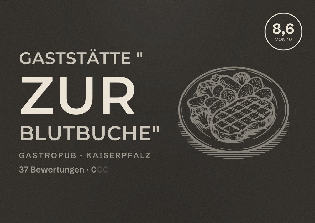Illustriertes Poster von Gaststätte " Zur Blutbuche", Gastropub in Kaiserpfalz: Bewertung 8,6 von 10 aus 37 Bewertungen, Preisniveau €