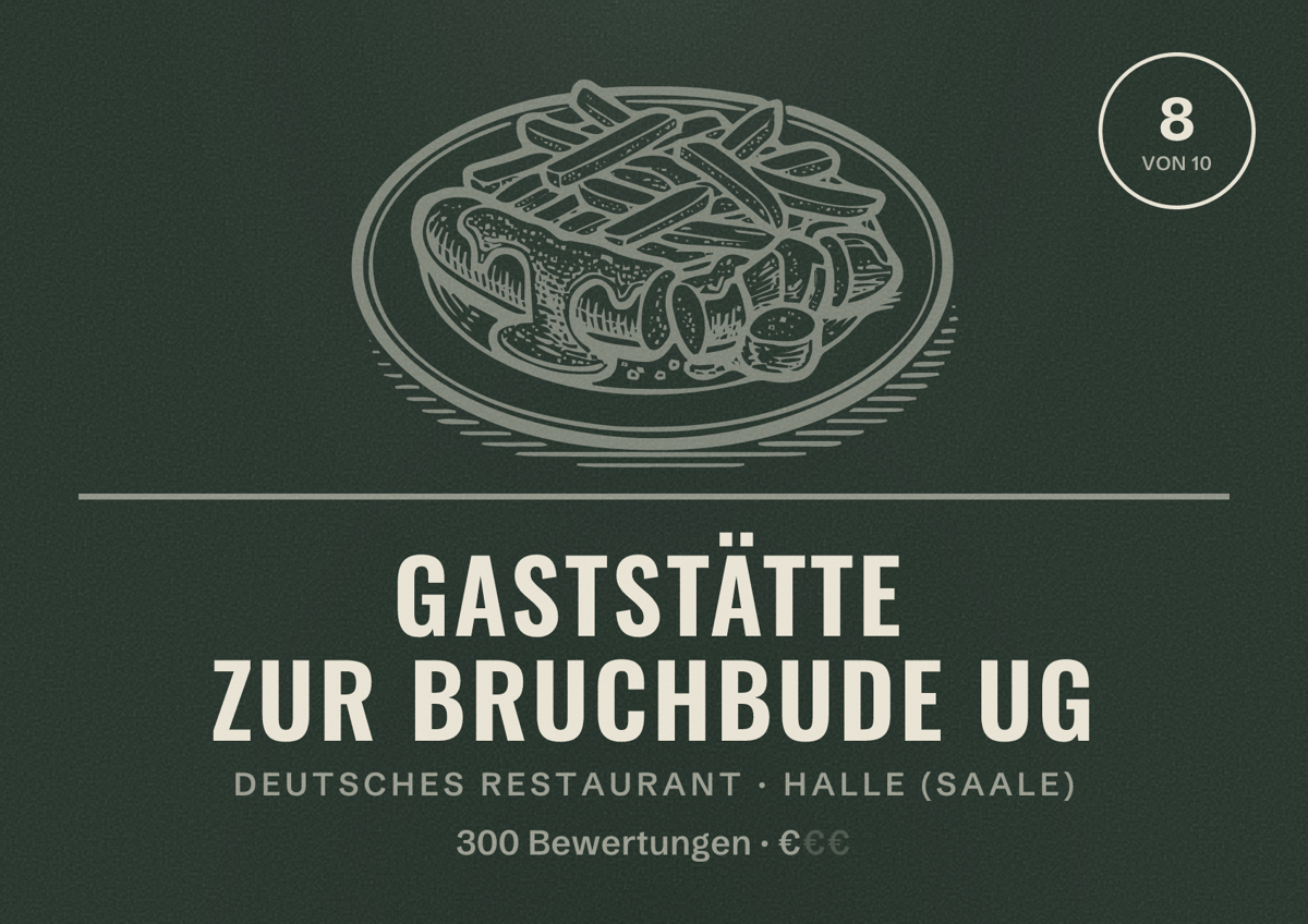 Illustriertes Poster von Gaststätte zur Bruchbude UG, Deutsches Restaurant in Halle (Saale): Bewertung 8,0 von 10 aus 300 Bewertungen, Preisniveau €