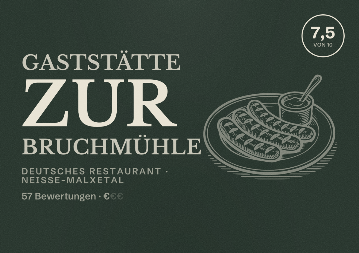 Illustriertes Poster von Gaststätte Zur Bruchmühle, Deutsches Restaurant in Neiße-Malxetal: Bewertung 7,5 von 10 aus 57 Bewertungen, Preisniveau €