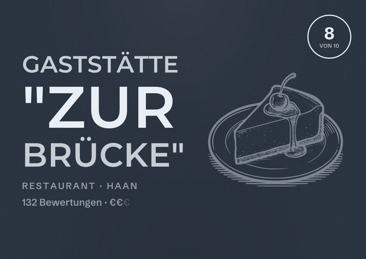 Illustriertes Poster von Gaststätte "Zur Brücke", Restaurant in Haan: Bewertung 8 von 10 aus 132 Bewertungen, Preisniveau €€