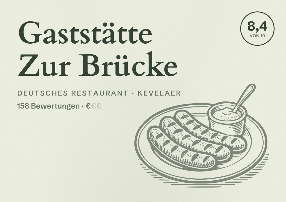 Illustriertes Poster von Gaststätte Zur Brücke, Deutsches Restaurant in Kevelaer: Bewertung 8,4 von 10 aus 158 Bewertungen, Preisniveau €