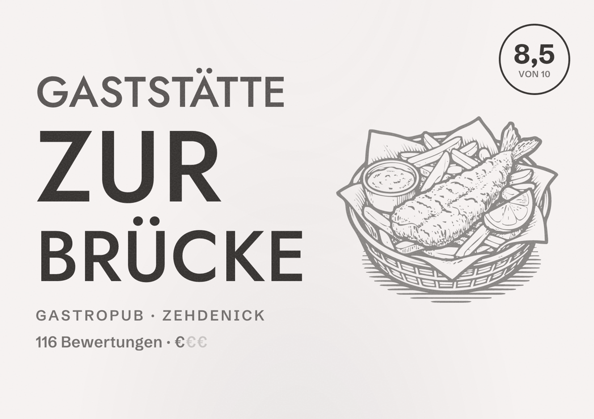 Illustriertes Poster von Gaststätte Zur Brücke, Gastropub in Zehdenick: Bewertung 8,5 von 10 aus 116 Bewertungen, Preisniveau €