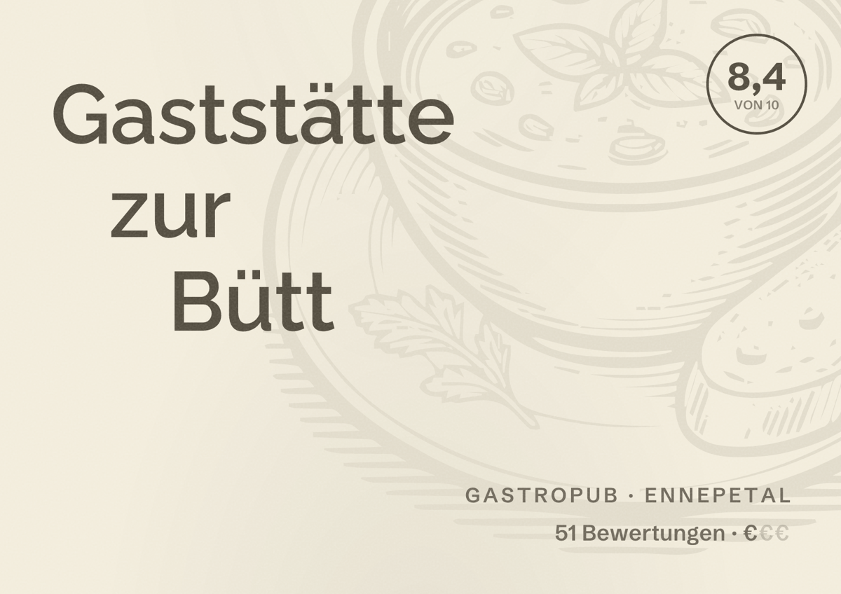 Illustriertes Poster von Gaststätte zur Bütt, Gastropub in Ennepetal: Bewertung 8,4 von 10 aus 51 Bewertungen, Preisniveau €