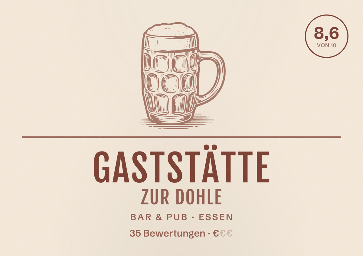 Illustriertes Poster von Gaststätte Zur Dohle, Bar & Pub in Essen: Bewertung 8,6 von 10 aus 35 Bewertungen, Preisniveau €