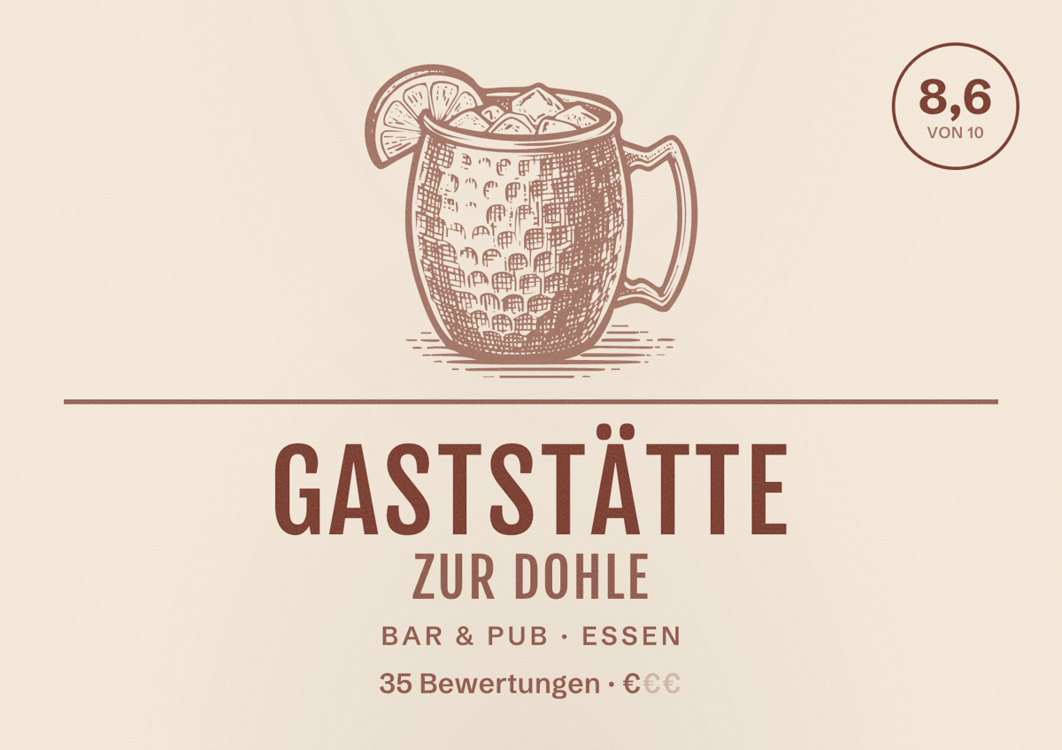 Illustriertes Poster von Gaststätte Zur Dohle, Bar & Pub in Essen: Bewertung 8,6 von 10 aus 35 Bewertungen, Preisniveau €