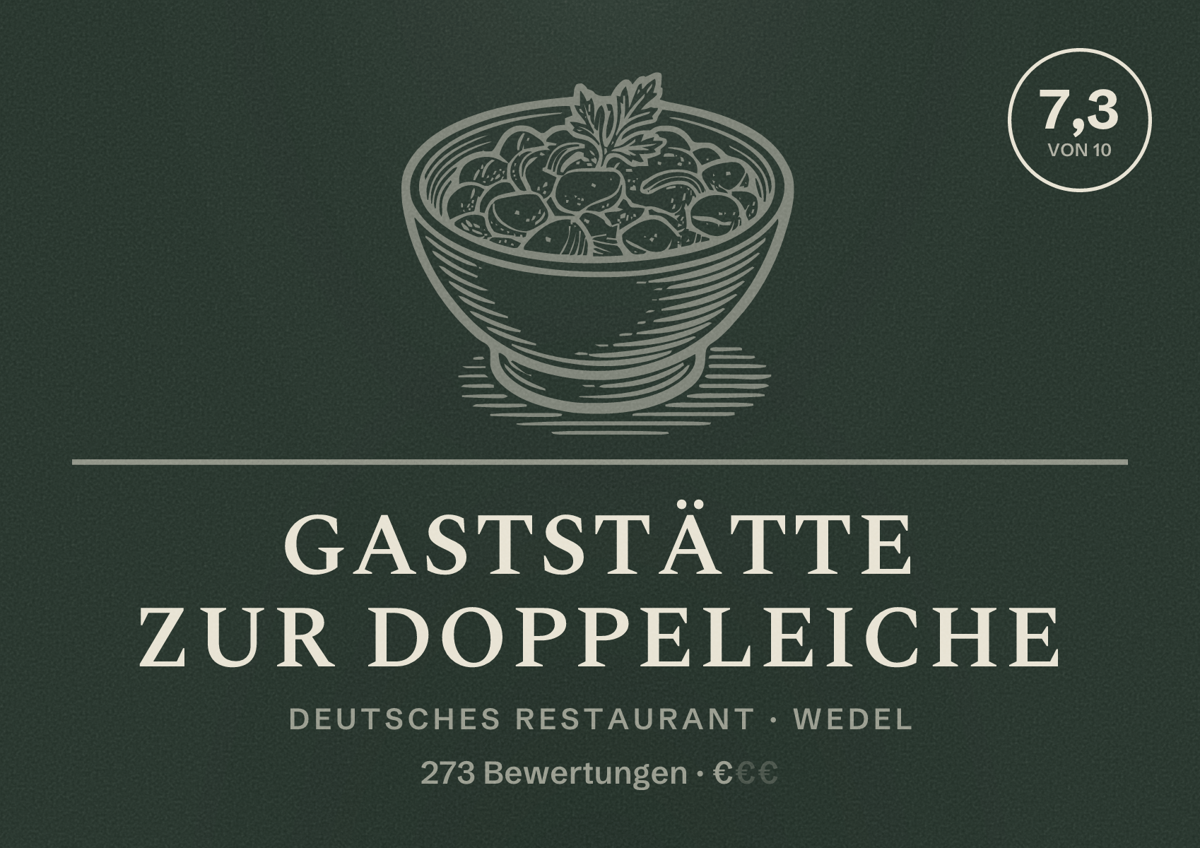 Illustriertes Poster von Gaststätte Zur Doppeleiche, Deutsches Restaurant in Wedel: Bewertung 7,3 von 10 aus 273 Bewertungen, Preisniveau €