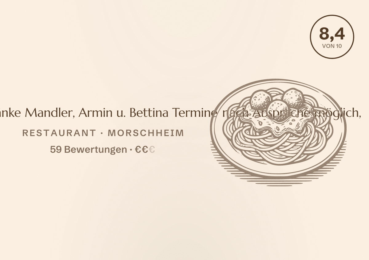 Illustriertes Poster von Gaststätte Zur Dorfschänke Mandler, Armin u. Bettina Termine nach Absprache möglich,, Restaurant in Morschheim: Bewertung 8,4 von 10 aus 59 Bewertungen, Preisniveau €€