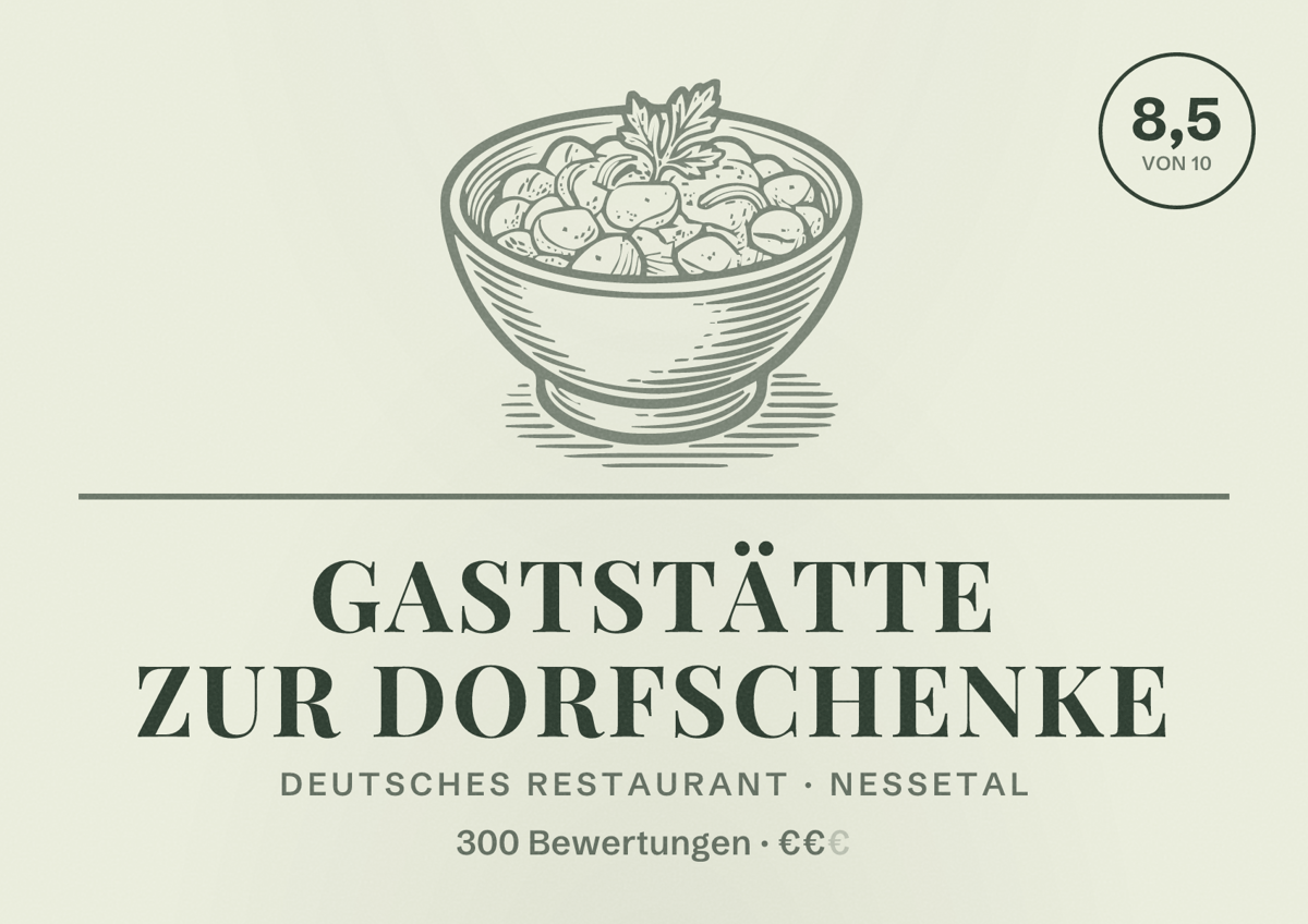 Illustriertes Poster von Gaststätte Zur Dorfschenke, Deutsches Restaurant in Nessetal: Bewertung 8,5 von 10 aus 300 Bewertungen, Preisniveau €€