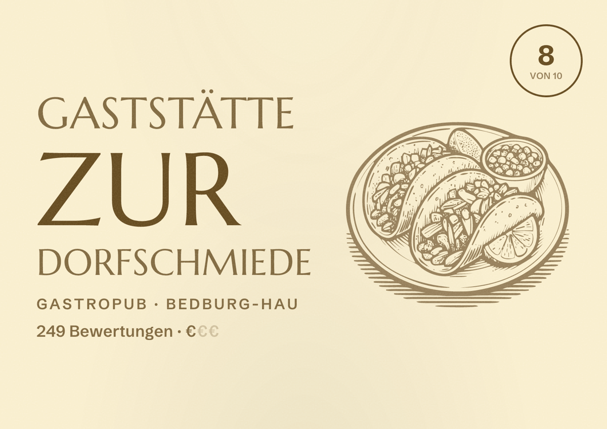 Illustriertes Poster von Gaststätte zur Dorfschmiede, Gastropub in Bedburg-Hau: Bewertung 8 von 10 aus 249 Bewertungen, Preisniveau €
