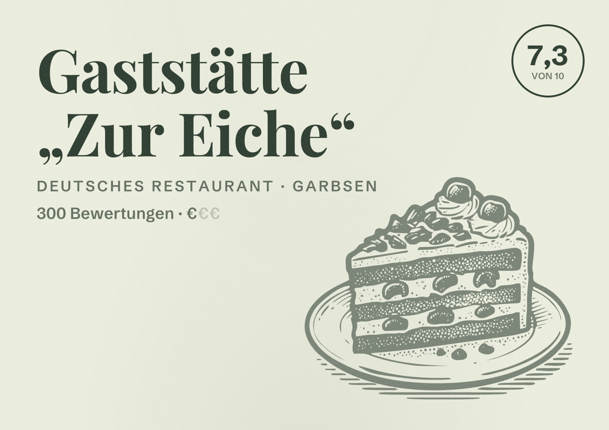 Illustriertes Poster von Gaststätte „Zur Eiche“, Deutsches Restaurant in Garbsen: Bewertung 7,3 von 10 aus 300 Bewertungen, Preisniveau €