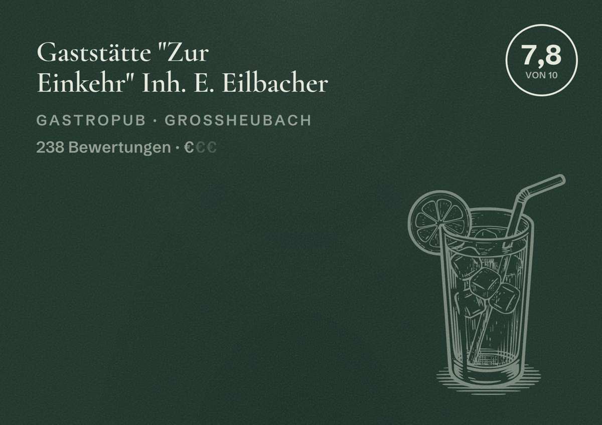 Illustriertes Poster von Gaststätte "Zur Einkehr" Inh. E. Eilbacher, Gastropub in Großheubach: Bewertung 7,8 von 10 aus 238 Bewertungen, Preisniveau €