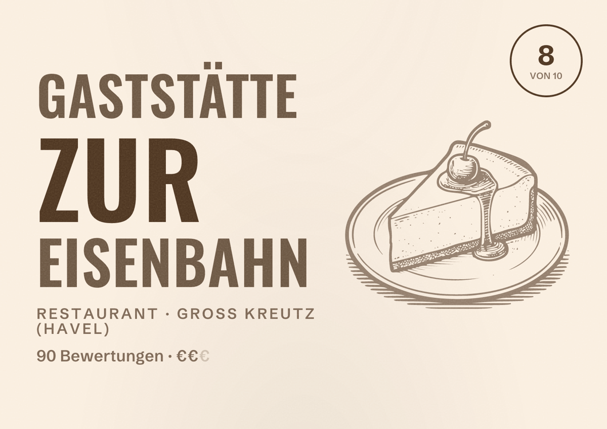 Illustriertes Poster von Gaststätte Zur Eisenbahn, Restaurant in Groß Kreutz (Havel): Bewertung 8 von 10 aus 90 Bewertungen, Preisniveau €€