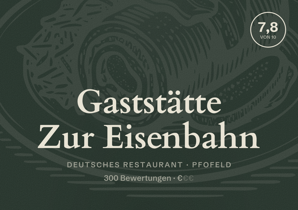 Illustriertes Poster von Gaststätte Zur Eisenbahn, Deutsches Restaurant in Pfofeld: Bewertung 7,8 von 10 aus 300 Bewertungen, Preisniveau €