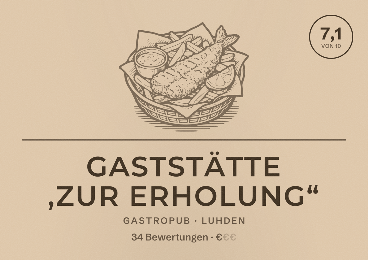 Illustriertes Poster von Gaststätte ,Zur Erholung“, Gastropub in Luhden: Bewertung 7,1 von 10 aus 34 Bewertungen, Preisniveau €