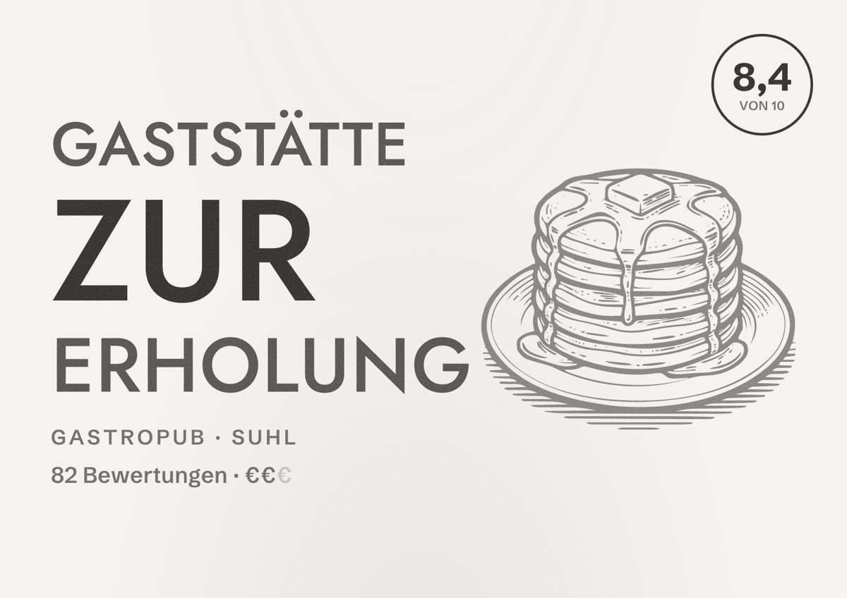 Illustriertes Poster von Gaststätte Zur Erholung, Gastropub in Suhl: Bewertung 8,4 von 10 aus 82 Bewertungen, Preisniveau €€
