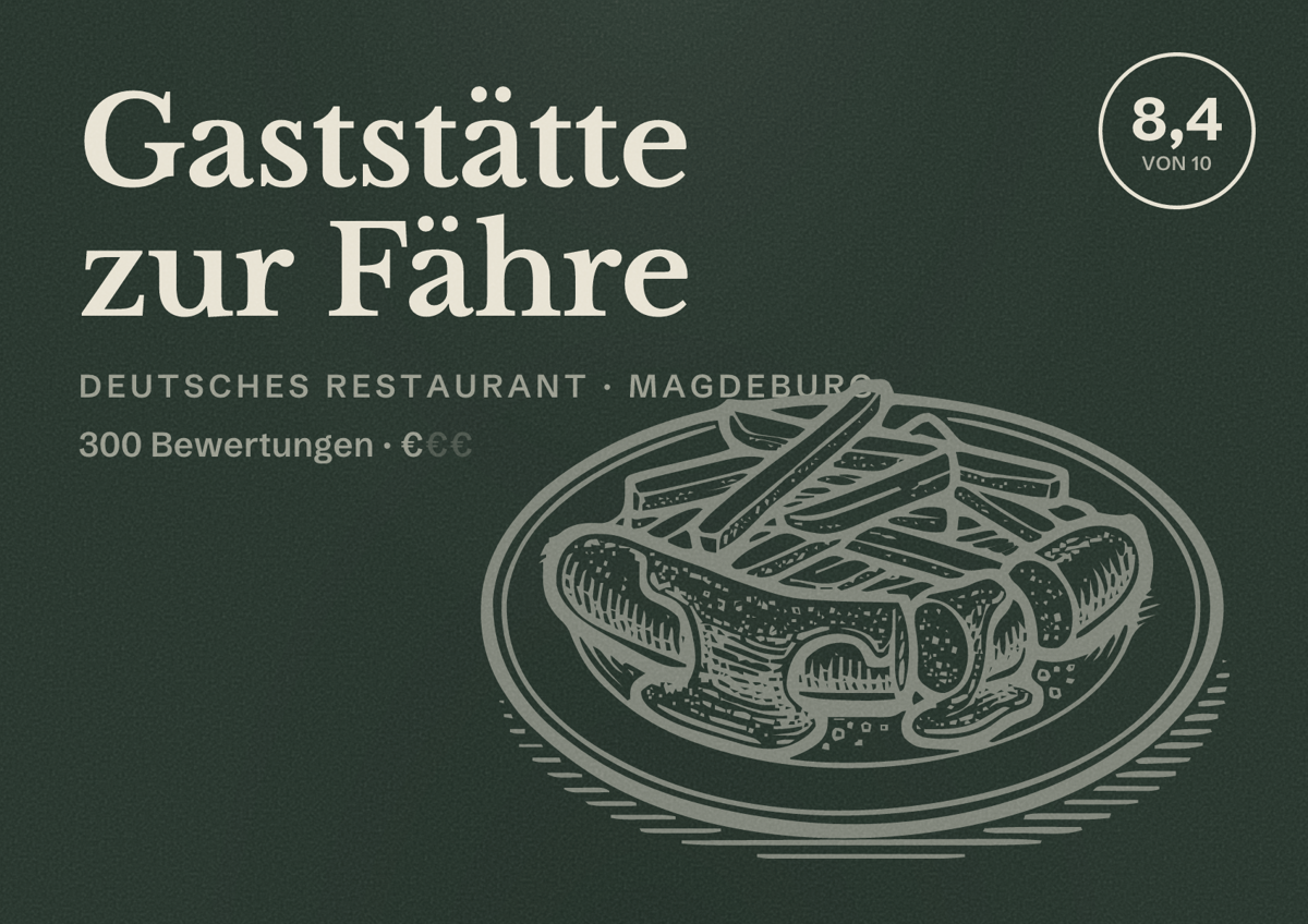 Illustriertes Poster von Gaststätte zur Fähre, Deutsches Restaurant in Magdeburg: Bewertung 8,4 von 10 aus 300 Bewertungen, Preisniveau €