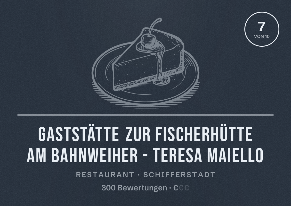 Illustriertes Poster von Gaststätte Zur Fischerhütte am Bahnweiher - Teresa Maiello, Restaurant in Schifferstadt: Bewertung 7 von 10 aus 300 Bewertungen, Preisniveau €