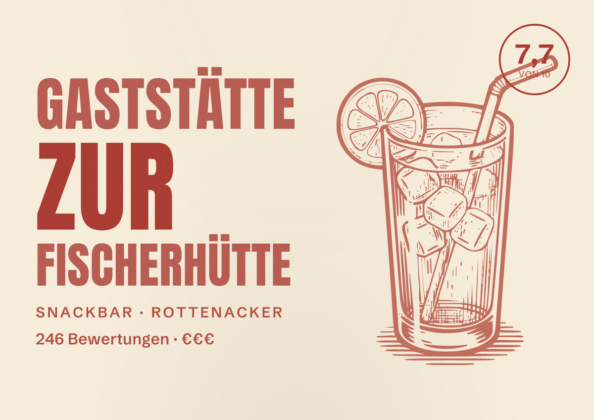 Illustriertes Poster von Gaststätte zur Fischerhütte, Snackbar in Rottenacker: Bewertung 7,7 von 10 aus 246 Bewertungen, Preisniveau €€€