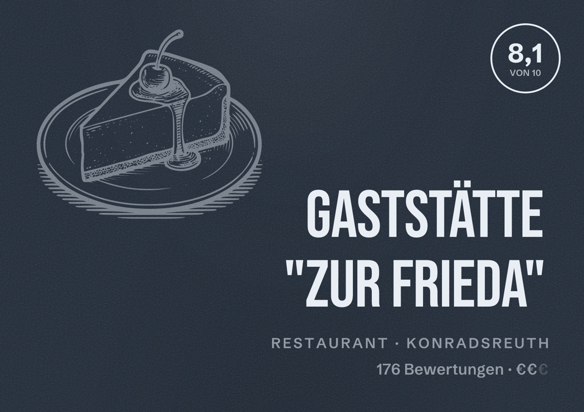 Illustriertes Poster von Gaststätte "Zur Frieda", Restaurant in Konradsreuth: Bewertung 8,1 von 10 aus 176 Bewertungen, Preisniveau €€