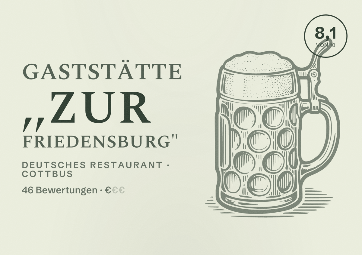 Illustriertes Poster von Gaststätte ,,Zur Friedensburg", Deutsches Restaurant in Cottbus: Bewertung 8,1 von 10 aus 46 Bewertungen, Preisniveau €