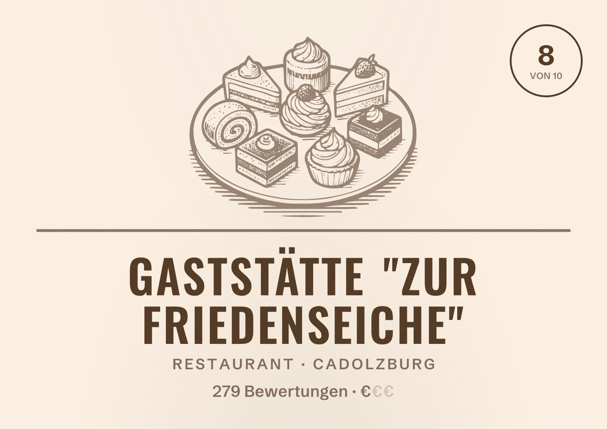 Illustriertes Poster von Gaststätte "Zur Friedenseiche", Restaurant in Cadolzburg: Bewertung 8 von 10 aus 279 Bewertungen, Preisniveau €