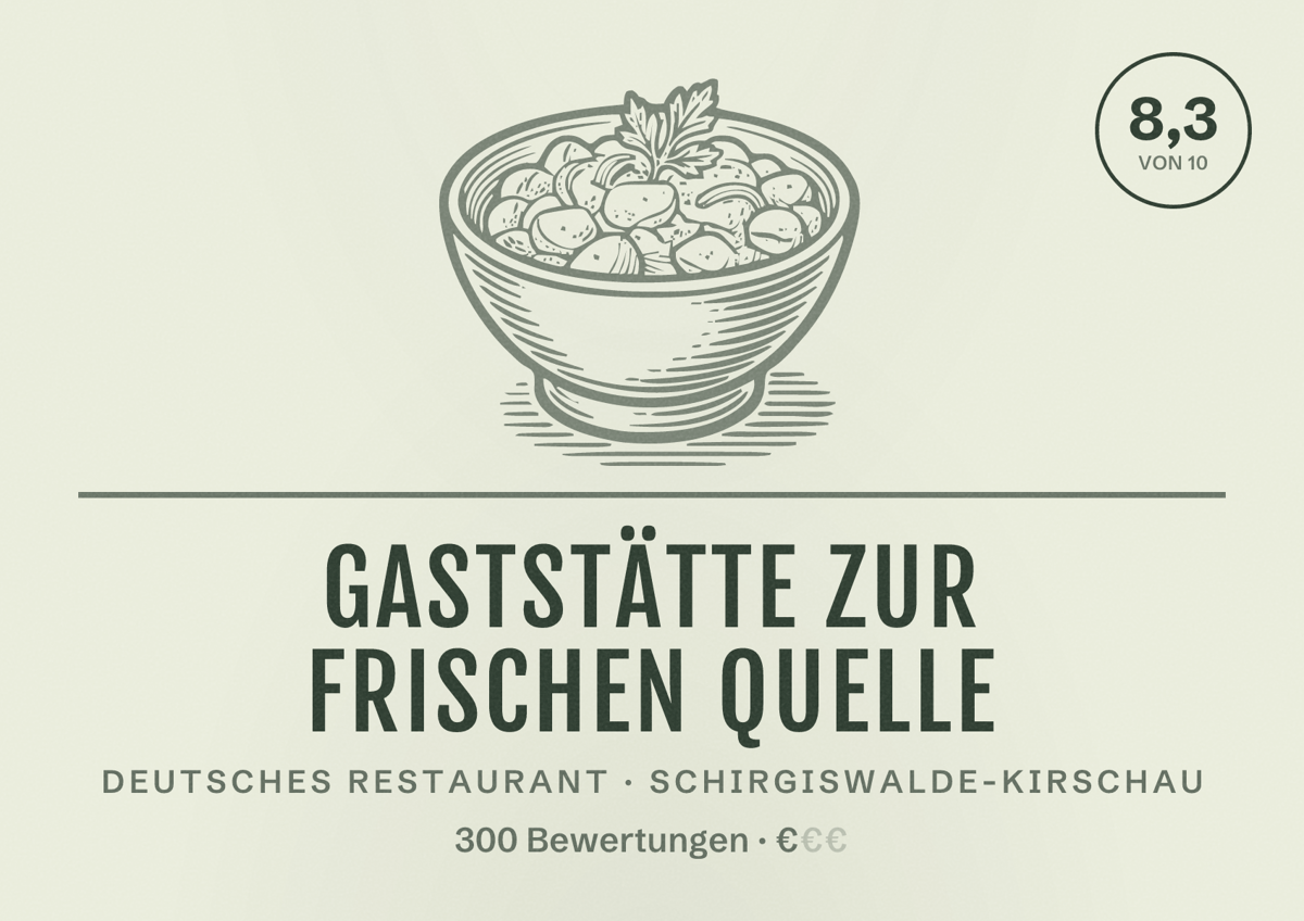 Illustriertes Poster von Gaststätte Zur frischen Quelle, Deutsches Restaurant in Schirgiswalde-Kirschau: Bewertung 8,3 von 10 aus 300 Bewertungen, Preisniveau €