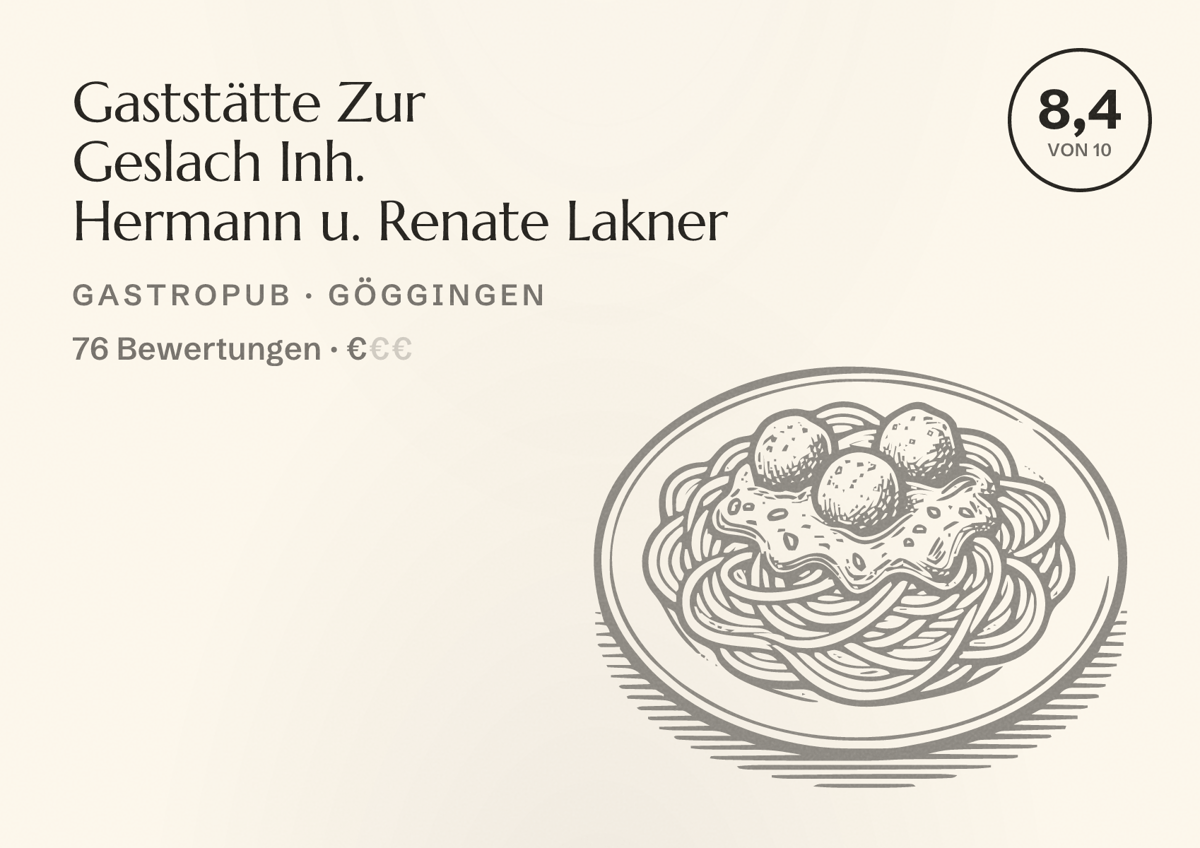 Illustriertes Poster von Gaststätte Zur Geslach Inh. Hermann u. Renate Lakner, Gastropub in Göggingen: Bewertung 8,4 von 10 aus 76 Bewertungen, Preisniveau €