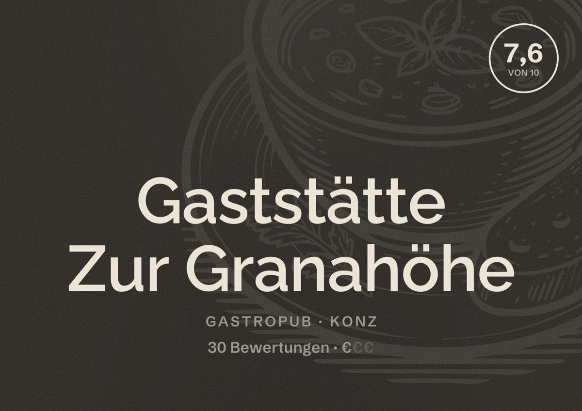 Illustriertes Poster von Gaststätte Zur Granahöhe, Gastropub in Konz: Bewertung 7,6 von 10 aus 30 Bewertungen, Preisniveau €