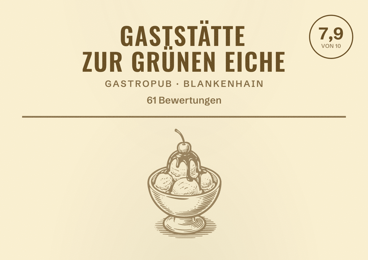 Illustriertes Poster von Gaststätte Zur grünen Eiche, Gastropub in Blankenhain: Bewertung 7,9 von 10 aus 61 Bewertungen