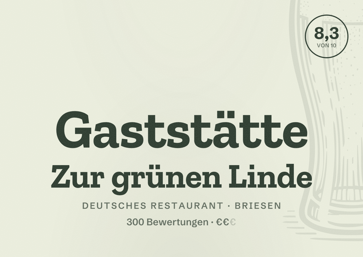 Illustriertes Poster von Gaststätte Zur grünen Linde, Deutsches Restaurant in Briesen: Bewertung 8,3 von 10 aus 300 Bewertungen, Preisniveau €€