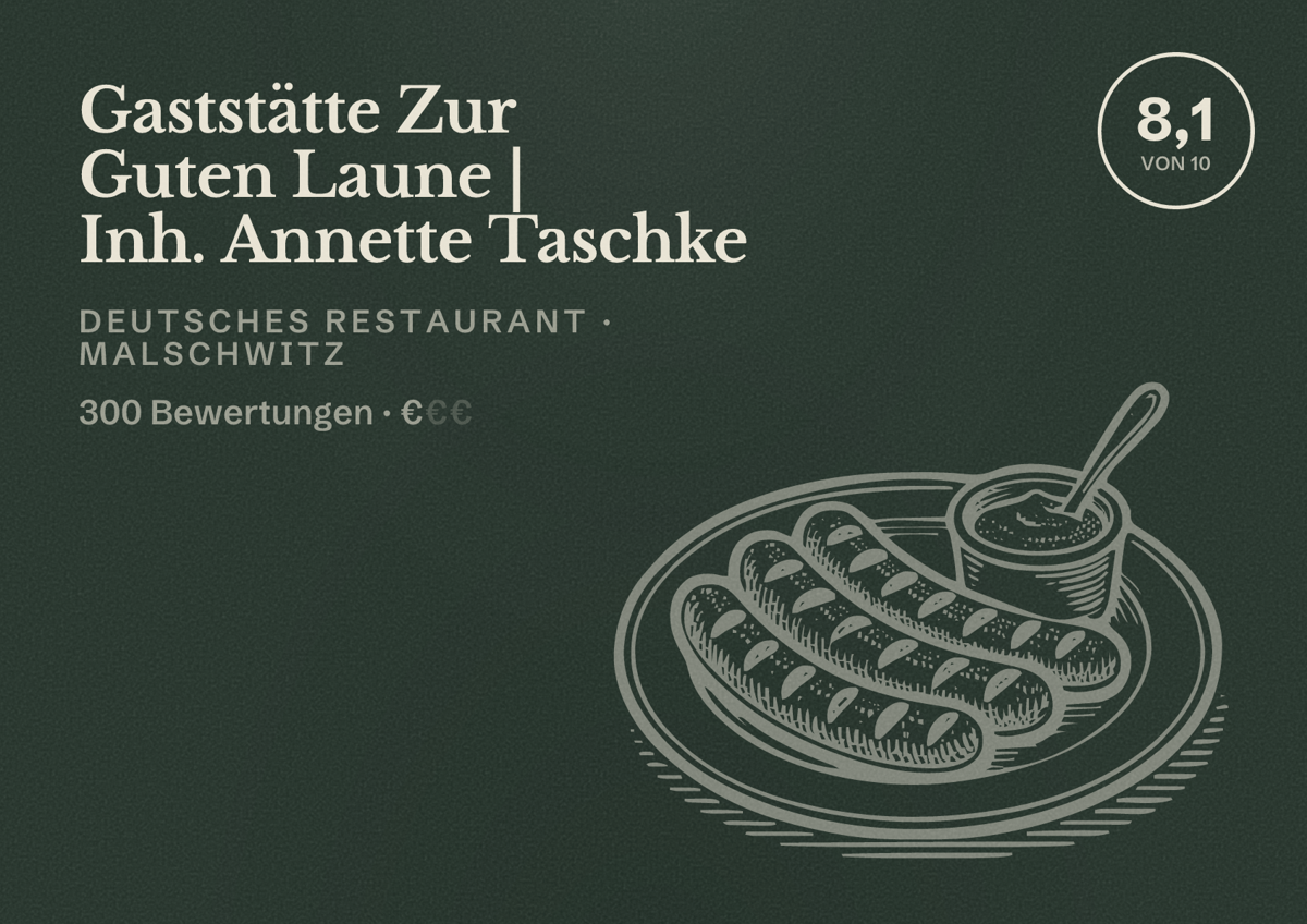 Illustriertes Poster von Gaststätte Zur Guten Laune | Inh. Annette Taschke, Deutsches Restaurant in Malschwitz: Bewertung 8,1 von 10 aus 300 Bewertungen, Preisniveau €